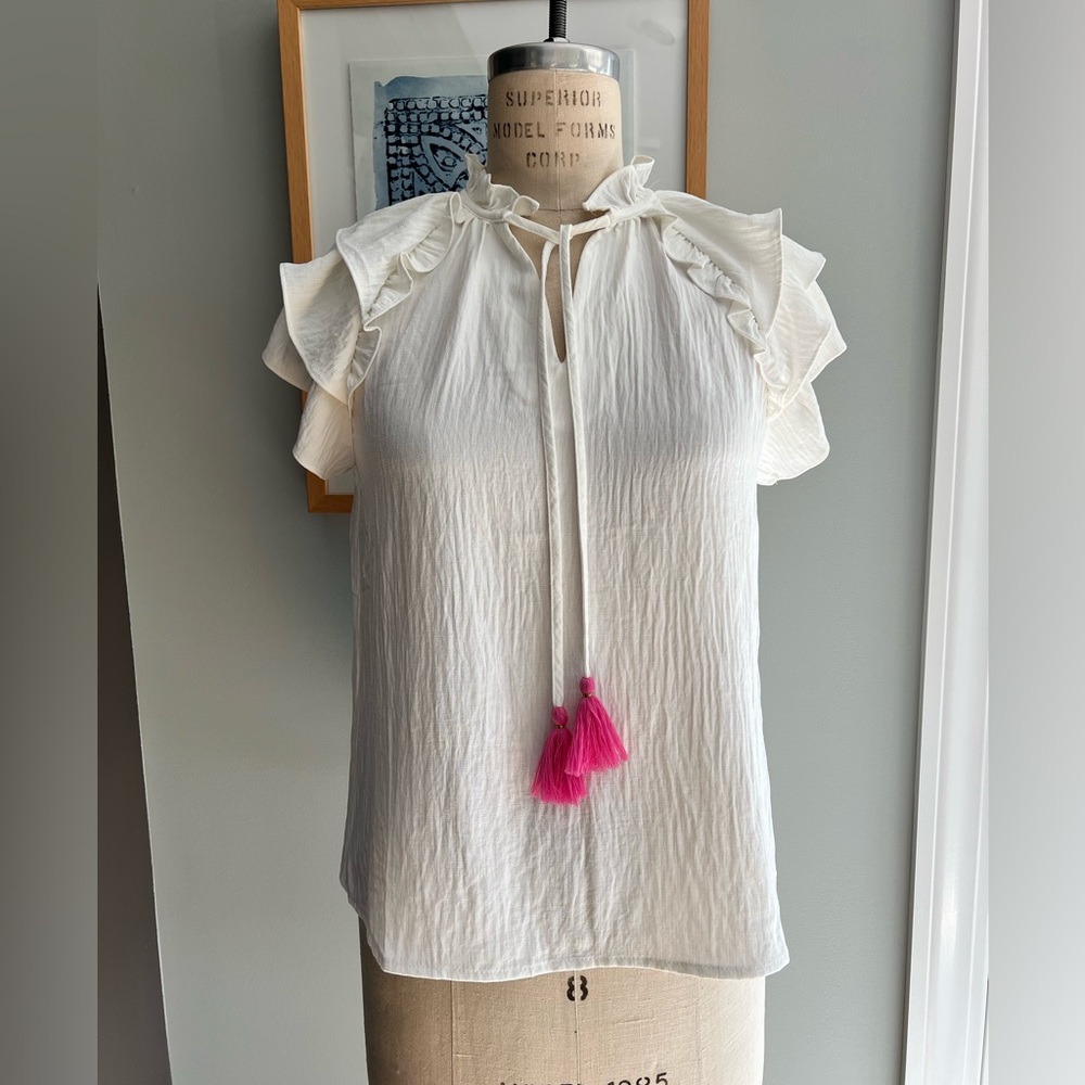 THML White Blouse with Pink Tassel Accents
